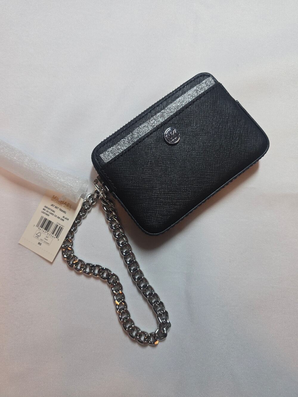 Michael Kors Jet Set Travel Leather Zip Card Case Black Chain